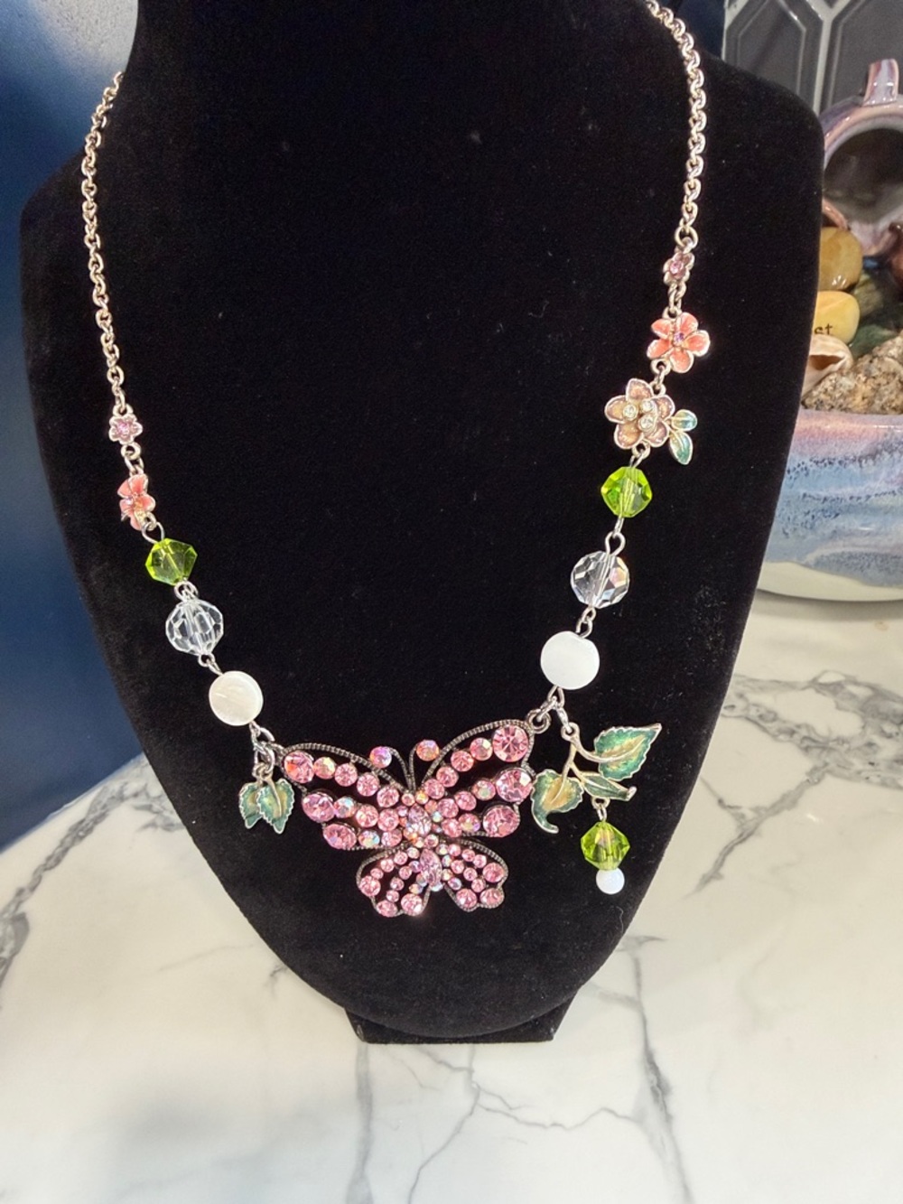 Vintage Pink Crystal Butterfly Pendant Necklace with Green Accents.  18.5 in.